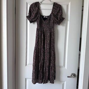 Abercrombie & Fitch Smocked Slit Midi Dress Multi Ditsy Floral Short-Sleeved